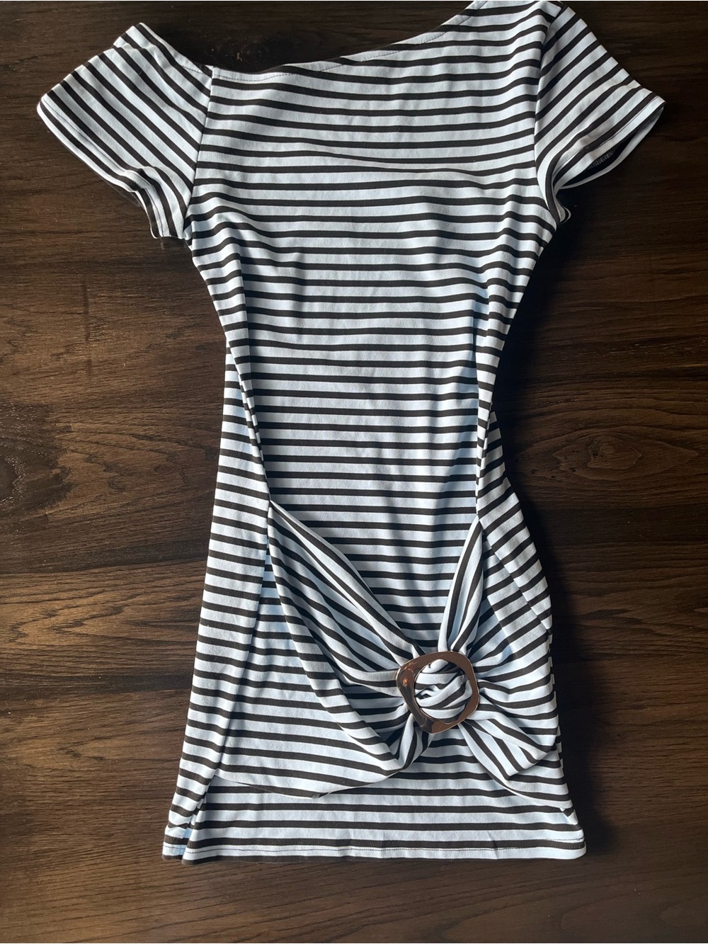 SHEIN Black and Blue One-Shoulder Striped Knot Dress with Ring